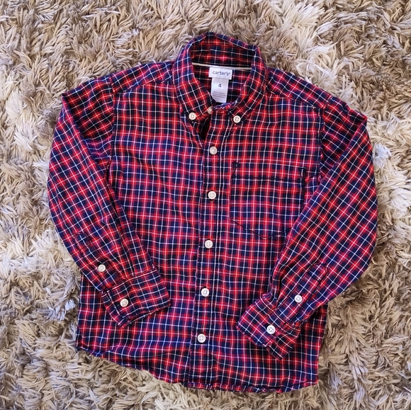 Carter's Sz 4 Blue Red and White Plaid Button Down Cotton Shirt  B27 - Picture 1 of 3